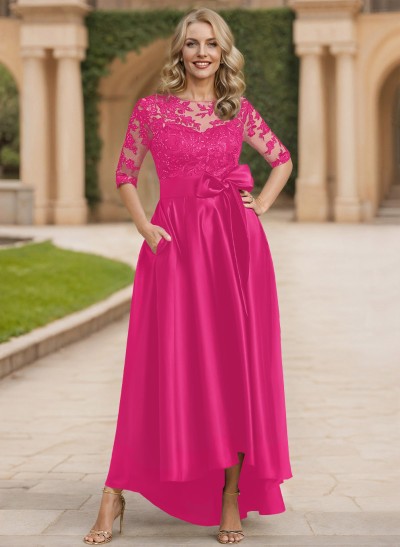 A-Line Scoop Neck 1/2 Sleeves Satin Mother Of The Bride Dresses With Bow(s)/Lace