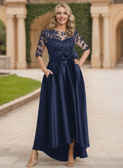 Exquisite Semi Sheer Illusion Lace Applique Neck Mother Of The Bride Dresses With Bow Accented