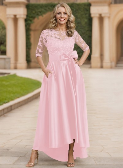 Exquisite Semi Sheer Illusion Lace Applique Neck Mother Of The Bride Dresses With Bow Accented