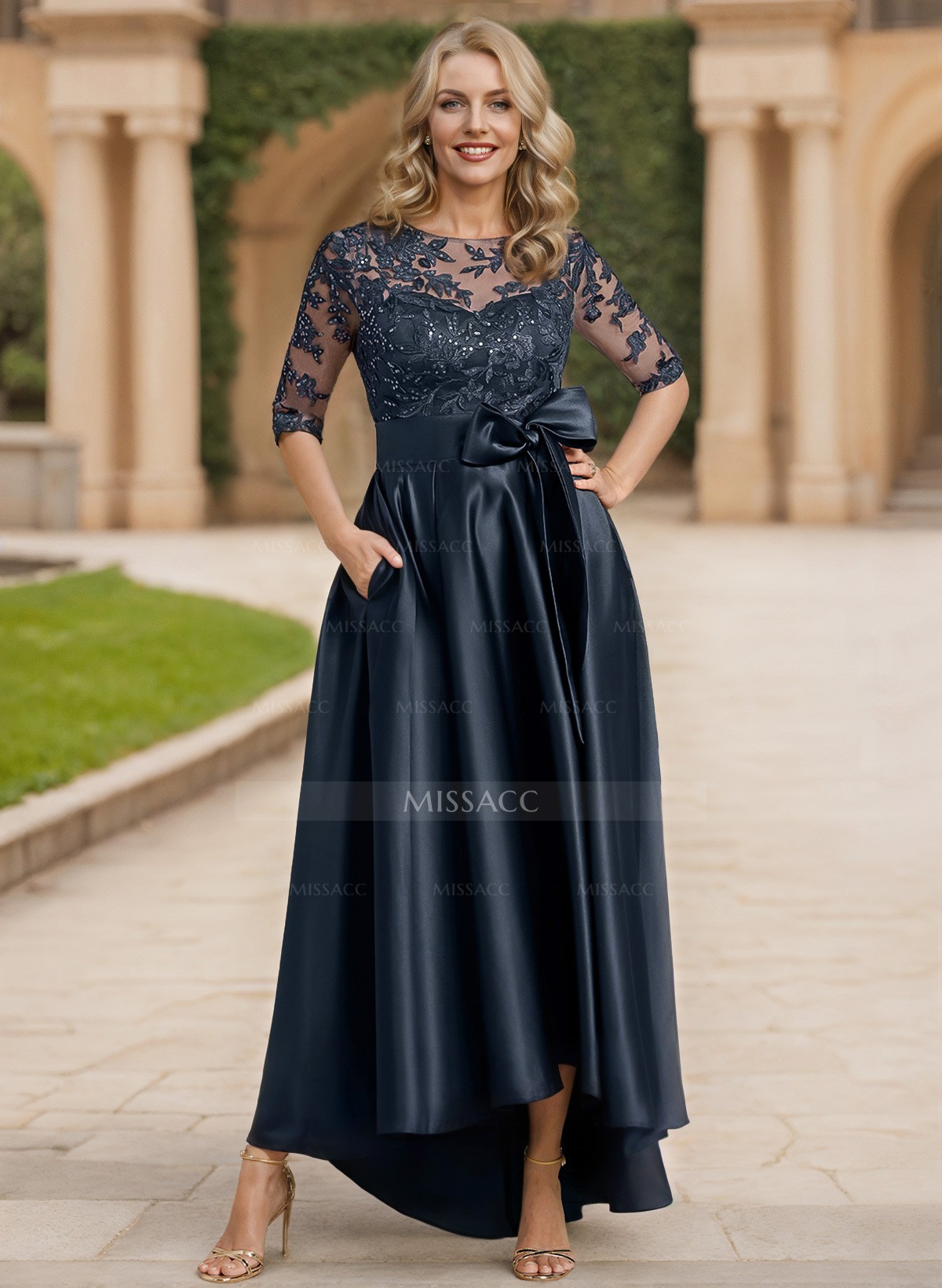 A-Line Scoop Neck 1/2 Sleeves Satin Mother Of The Bride Dresses With Bow(s)/Lace