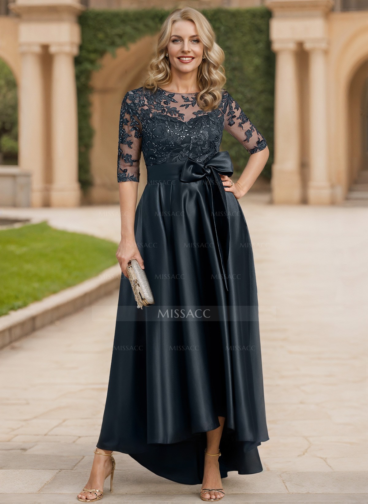 Exquisite Semi Sheer Illusion Lace Applique Neck Mother Of The Bride Dresses With Bow Accented