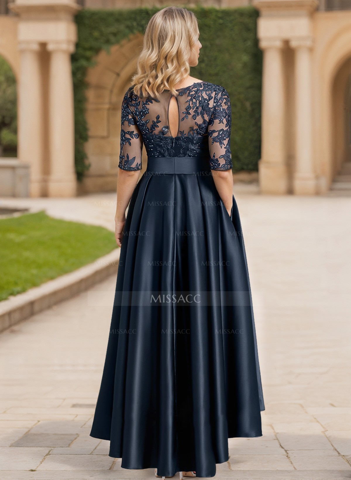 Exquisite Semi Sheer Illusion Lace Applique Neck Mother Of The Bride Dresses With Bow Accented