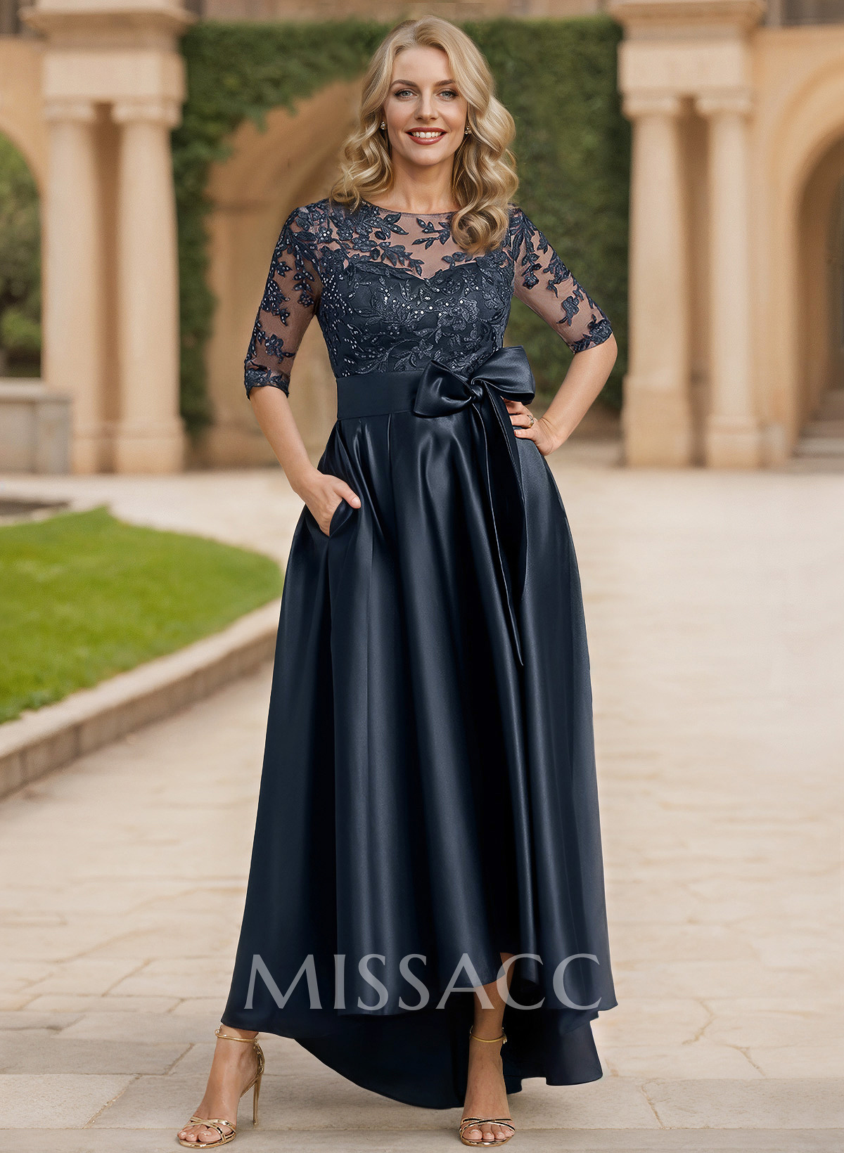 Exquisite Semi Sheer Illusion Lace Applique Neck Mother Of The Bride Dresses With Bow Accented
