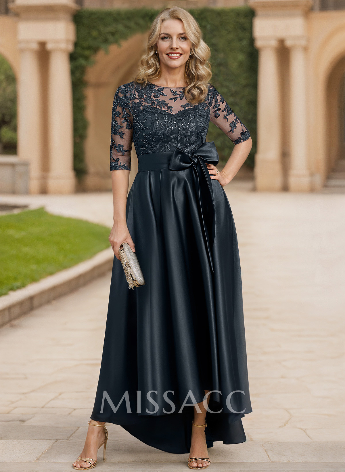 Exquisite Semi Sheer Illusion Lace Applique Neck Mother Of The Bride Dresses With Bow Accented