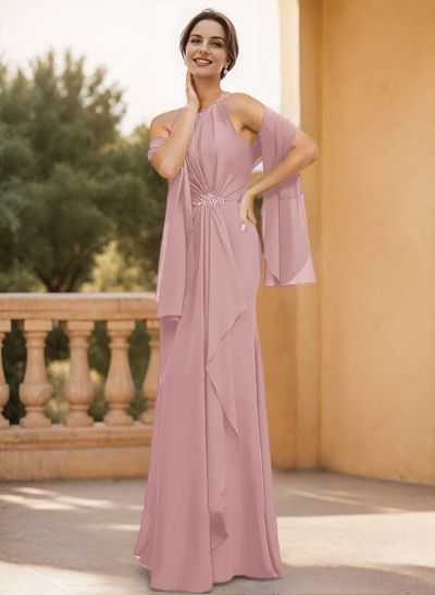 Sheath/Column Halter Chiffon Mother Of The Bride Dresses With Ruffle/Rhinestone