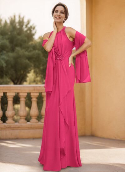 Unique Halter Strapless Ruched Waist Back Cutout Mother Of The Bride Dresses With Shawl