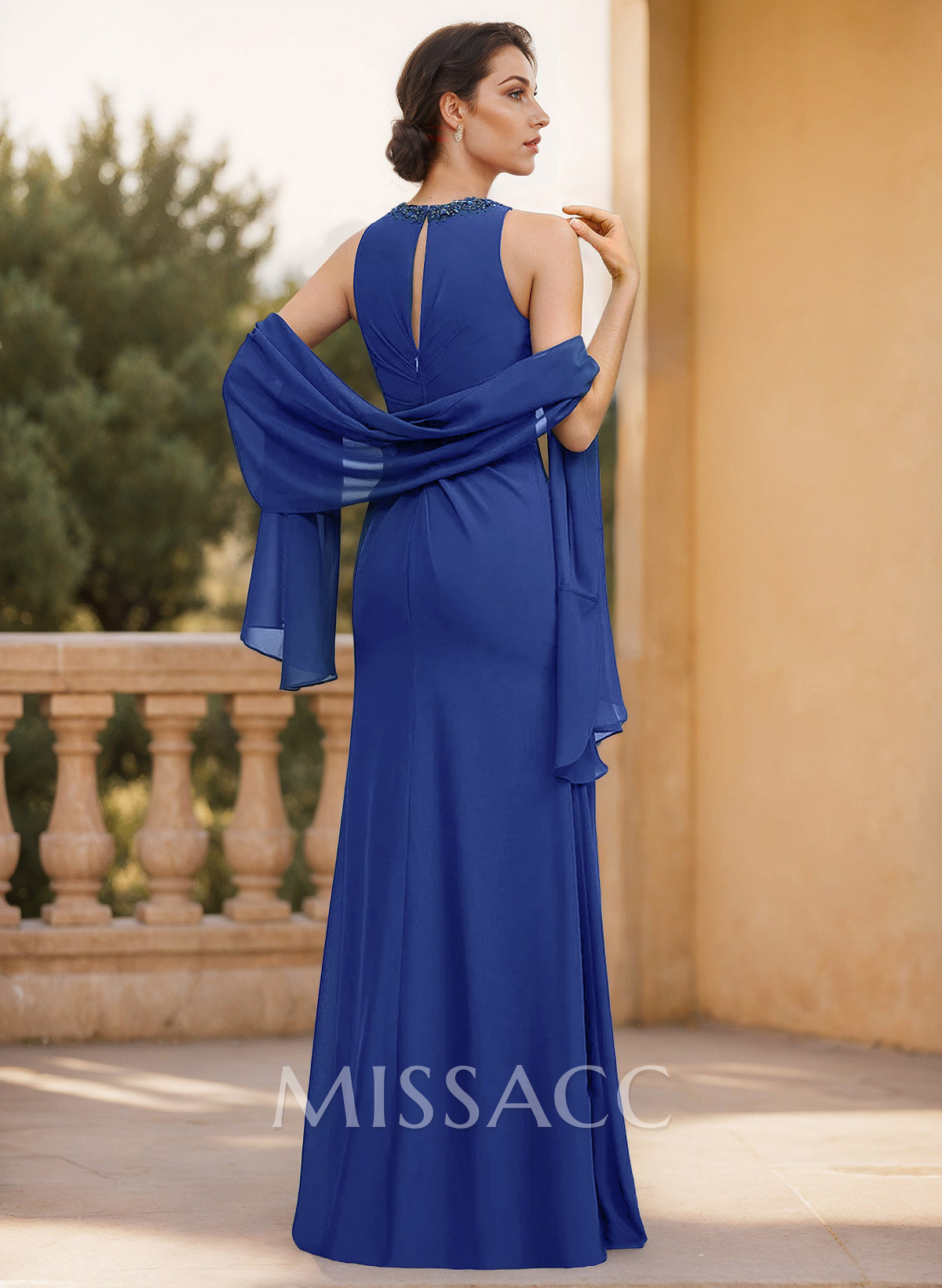 Unique Halter Strapless Ruched Waist Back Cutout Mother Of The Bride Dresses With Shawl