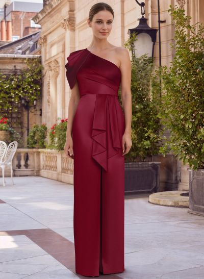 Sheath/Column One-Shoulder Floor-Length Acetate Satin Mother Of The Bride Dresses With Ruffle