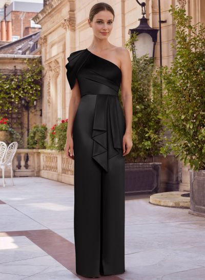 Sheath/Column One-Shoulder Floor-Length Acetate Satin Mother Of The Bride Dresses With Ruffle