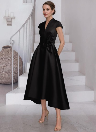 A-Line V-Neck Short Sleeves Satin Mother Of The Bride Dresses With Flower(s)