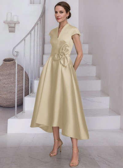 A-Line V-Neck Short Sleeves Satin Mother Of The Bride Dresses With Flower(s)