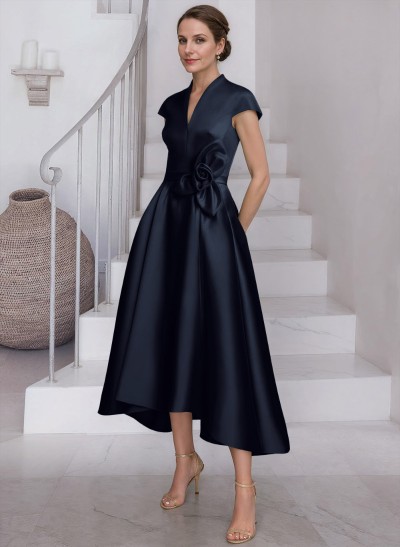 A-Line V-Neck Short Sleeves Satin Mother Of The Bride Dresses With Flower(s)