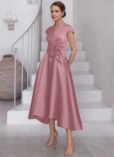 A-Line V-Neck Short Sleeves Satin Mother Of The Bride Dresses With Flower(s)