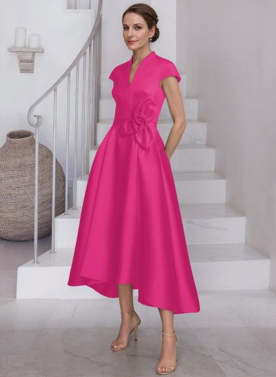 A-Line V-Neck Short Sleeves Satin Mother Of The Bride Dresses With Flower(s)