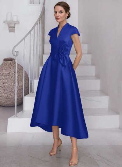 A-Line V-Neck Short Sleeves Satin Mother Of The Bride Dresses With Flower(s)