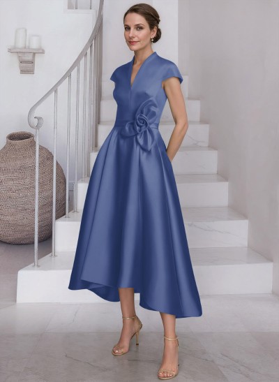 A-Line V-Neck Short Sleeves Satin Mother Of The Bride Dresses With Flower(s)