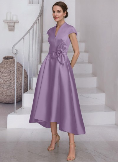 A-Line V-Neck Short Sleeves Satin Mother Of The Bride Dresses With Flower(s)