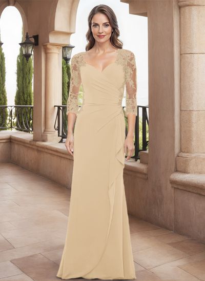 Sheath/Column V-Neck 3/4 Sleeves Chiffon Mother Of The Bride Dresses With Lace