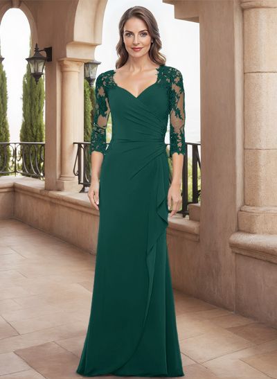 Flattering Semi Sheer LIlusion Sleeves V-Neck Mother Of The Bride Dresses With Lace Applique