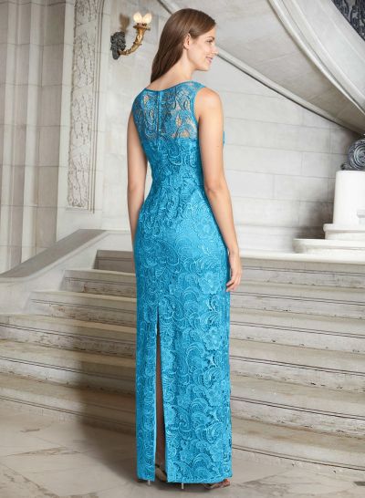 Luxury Blue Floral Embroidered LIlusion Neck Mother Of The Bride Dresses With Back Split