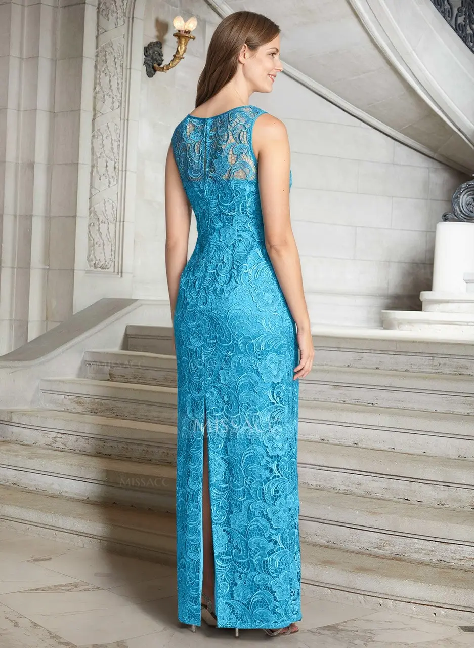 Missacc Pool Mother Of The Bride Dresses Luxury Blue Floral Embroidered LIlusion Neck Mother Of The Bride Dresses With Back Split