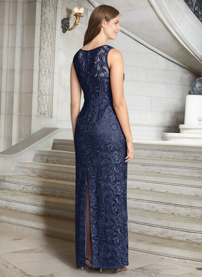 Luxury Blue Floral Embroidered LIlusion Neck Mother Of The Bride Dresses With Back Split