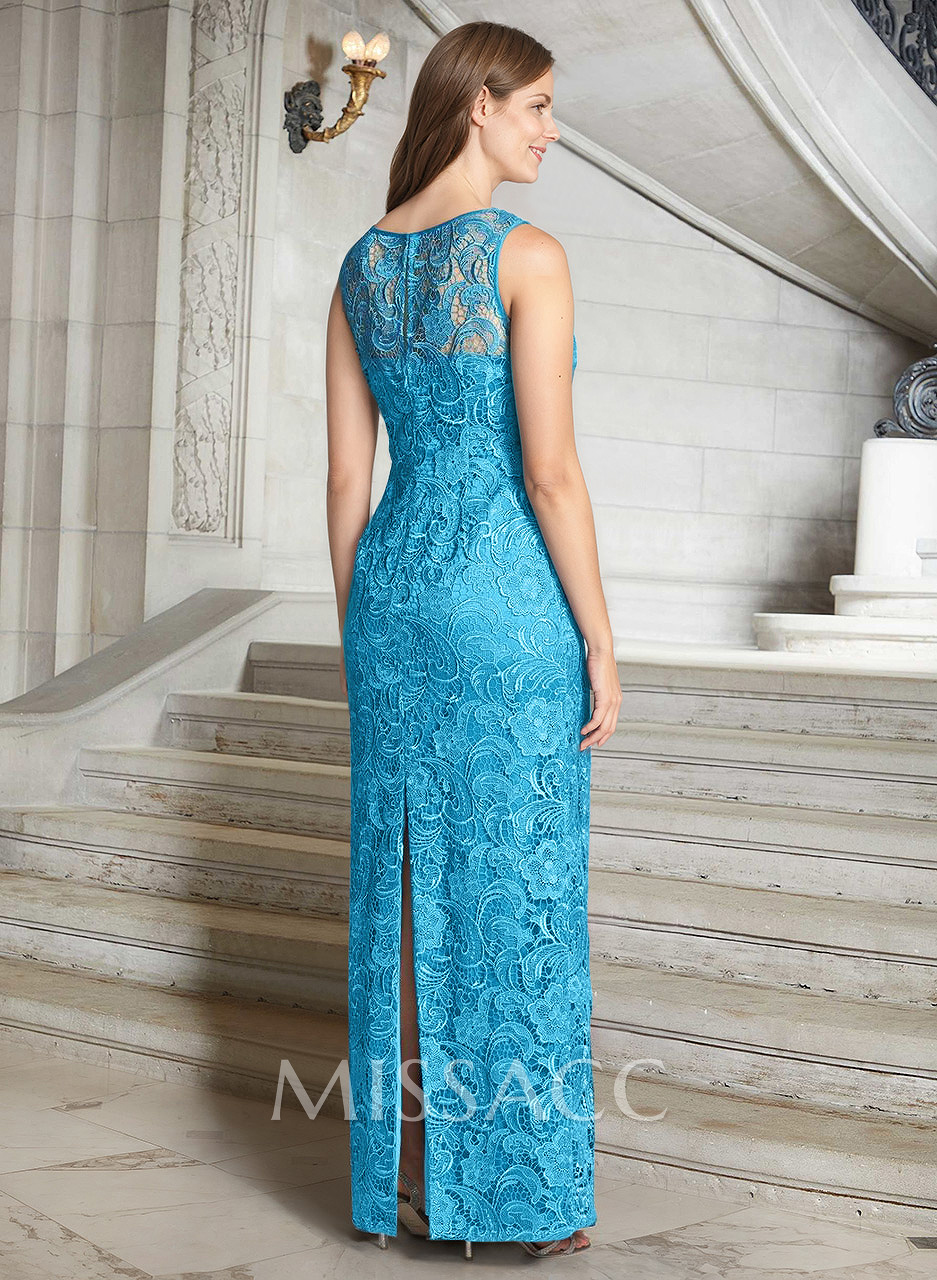 Luxury Blue Floral Embroidered LIlusion Neck Mother Of The Bride Dresses With Back Split