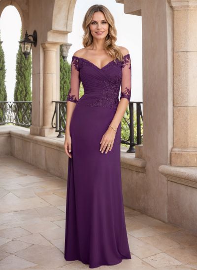 Exquisite Semi Sheer LIlusion Sleeves Off-The-Shoulder Mother Of The Bride Dresses With Lace Applique