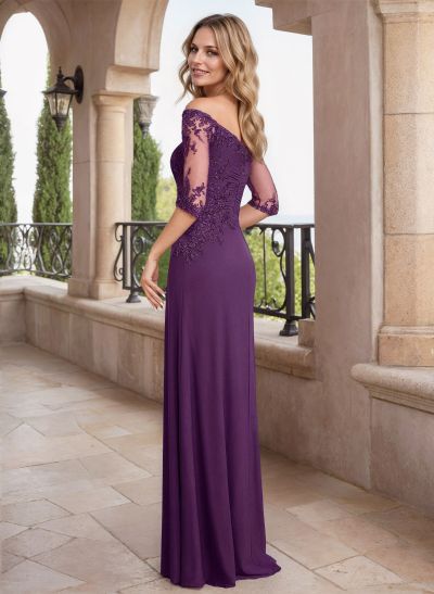 Exquisite Semi Sheer LIlusion Sleeves Off-The-Shoulder Mother Of The Bride Dresses With Lace Applique