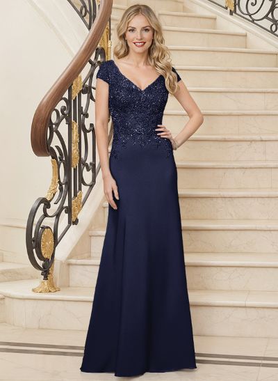 Elegant V-Neck Cap Strsps Elastic Satin Mother Of The Bride Dresses With Lace Applique