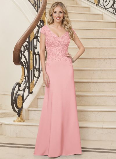 Elegant V-Neck Cap Strsps Elastic Satin Mother Of The Bride Dresses With Lace Applique