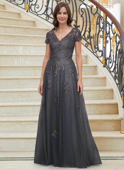 A-Line V-Neck Short Sleeves Sweep Train Lace/Tulle Mother Of The Bride Dresses