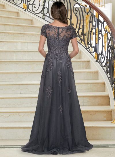 A-Line V-Neck Short Sleeves Sweep Train Lace/Tulle Mother Of The Bride Dresses