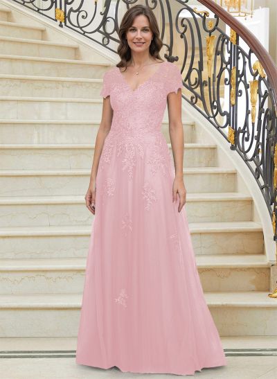 Modest V-Neck Multilayer Tulle Skirt Mother Of The Bride Dresses With Lace Applique