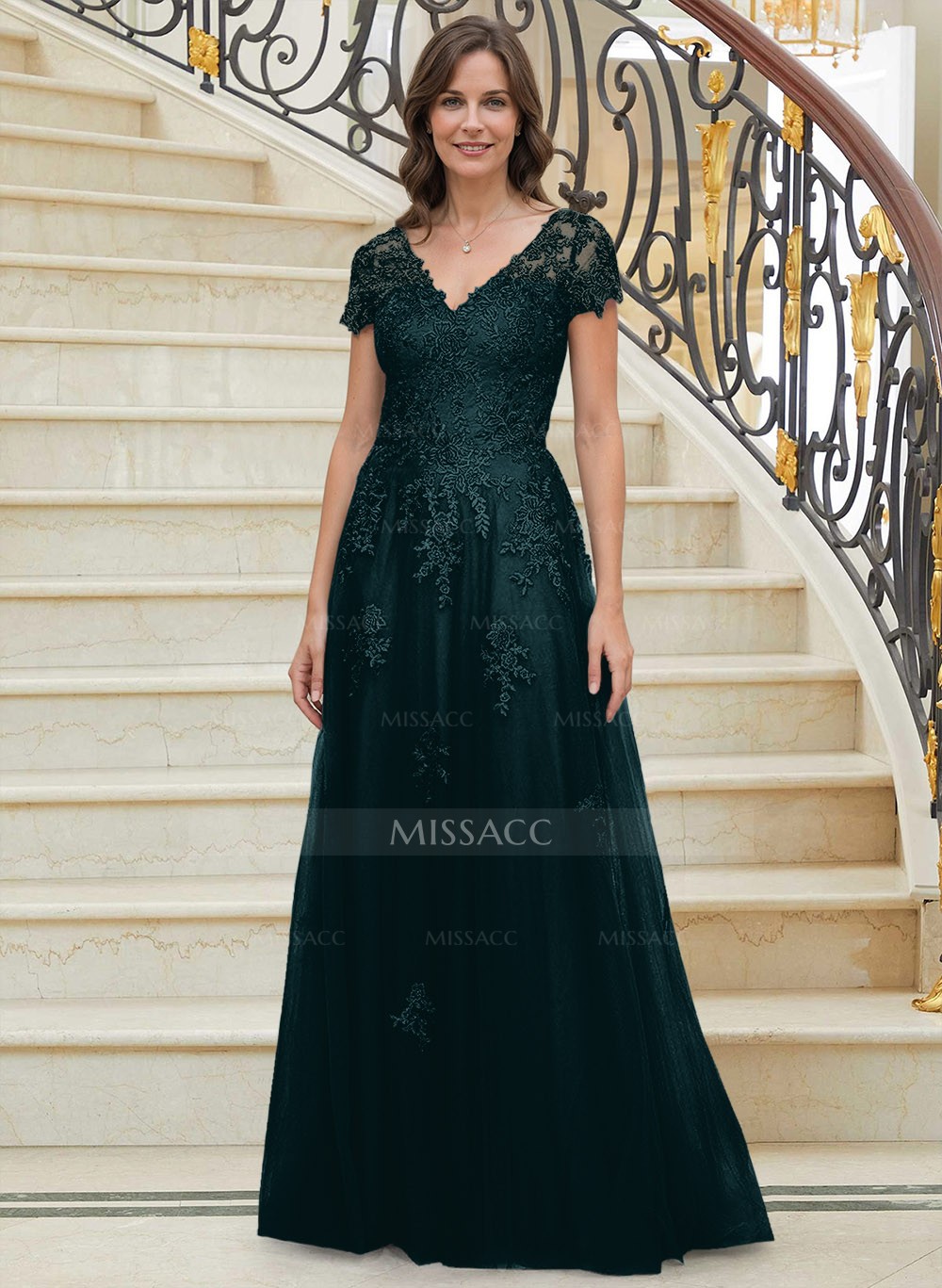 Modest V-Neck Multilayer Tulle Skirt Mother Of The Bride Dresses With Lace  Applique - Missacc, image size:1000x1367