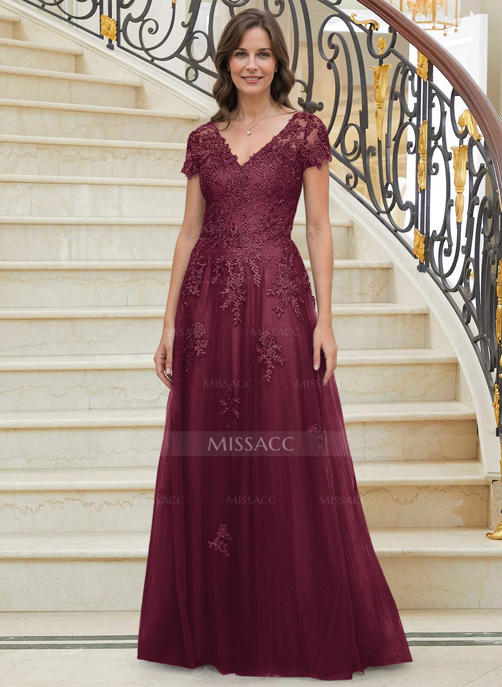 Modest V-Neck Multilayer Tulle Skirt Mother Of The Bride Dresses With Lace  Applique - Missacc, image size:1000x1367