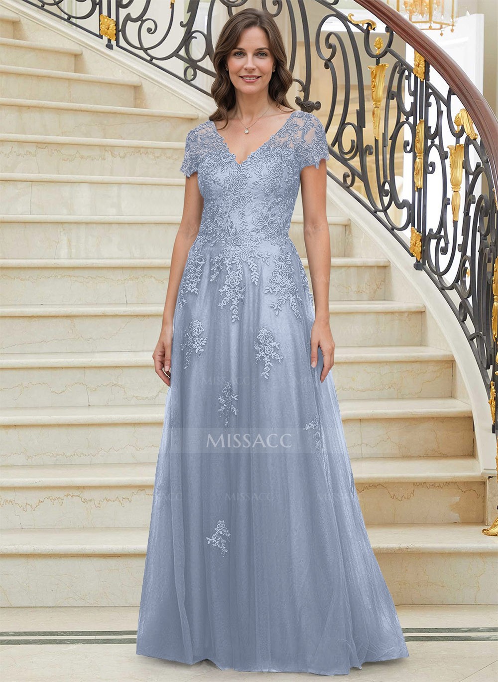 Modest V-Neck Multilayer Tulle Skirt Mother Of The Bride Dresses With Lace  Applique - Missacc, image size:1000x1367