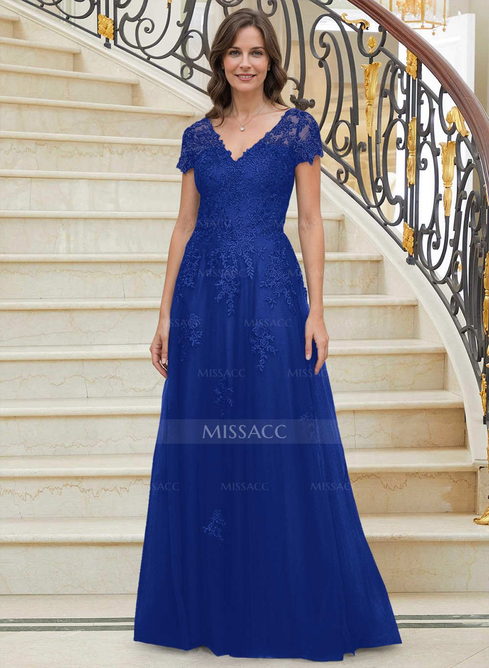 Modest V-Neck Multilayer Tulle Skirt Mother Of The Bride Dresses With Lace  Applique - Missacc, image size:1000x1367