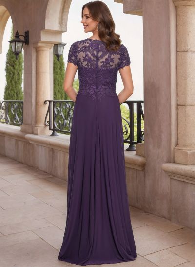 A-Line V-Neck Short Sleeves Floor-Length Chiffon Mother Of The Bride Dresses With Lace