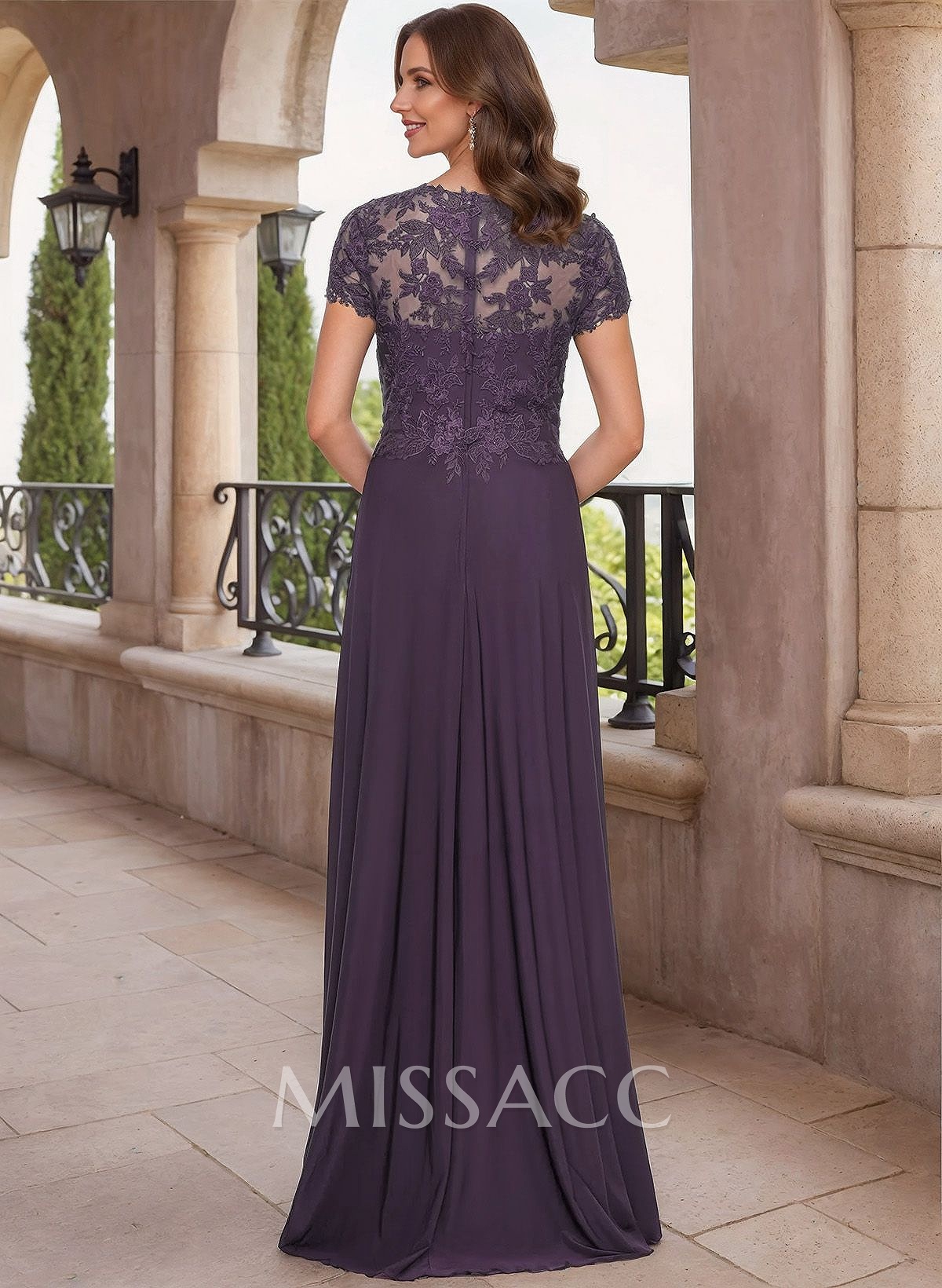 Modest Semi Sheer LIlusion Back Ruched Waist Mother Of The Bride Dresses With Lace Applique