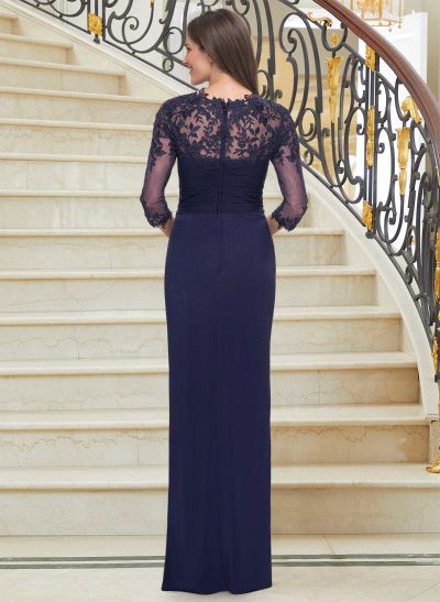 Flattering Semi Sheer LIlusion Lace Applique Sleeves Mother Of The Bride Dresses With Ruched Waist