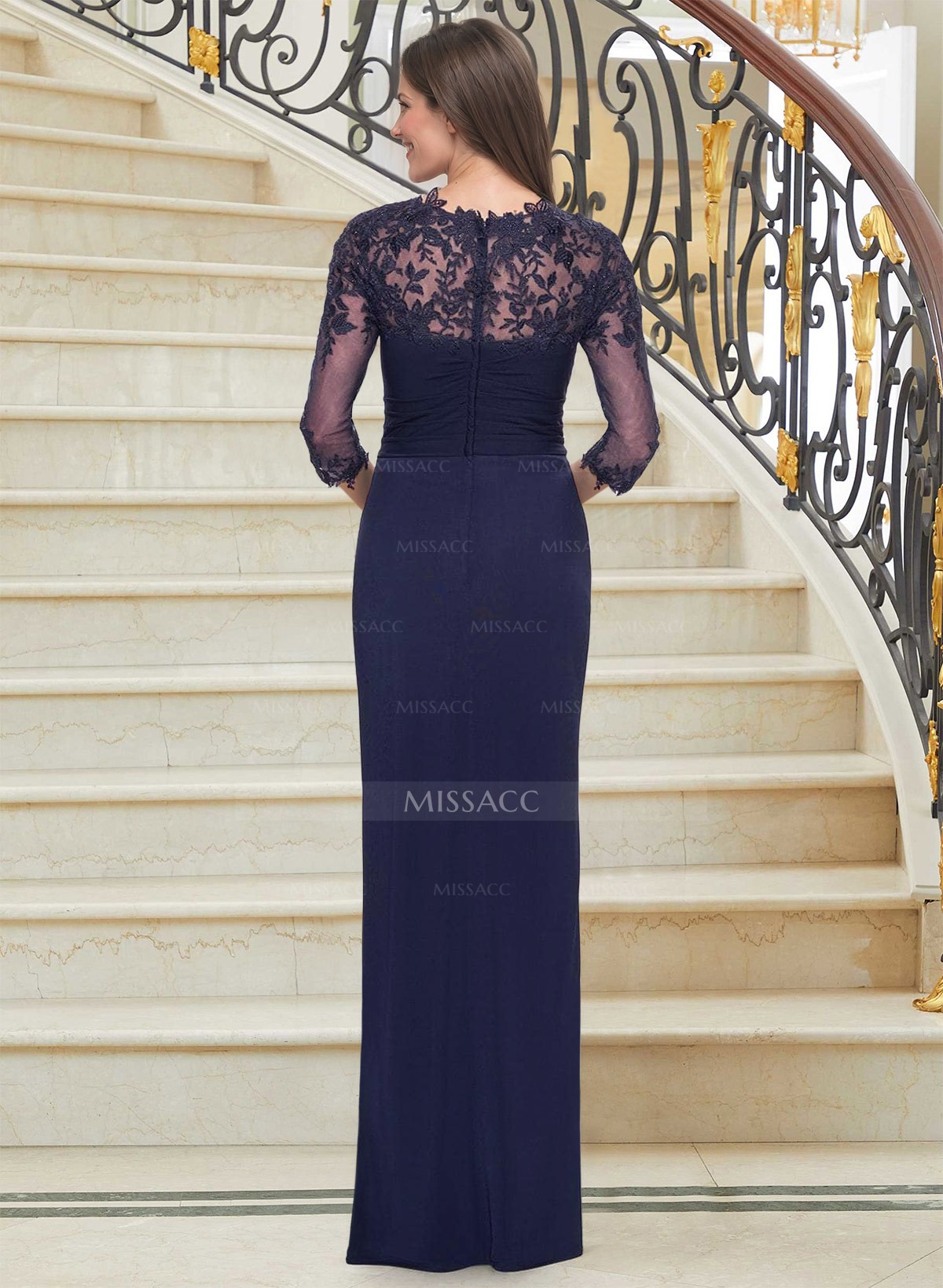 Flattering Semi Sheer LIlusion Lace Applique Sleeves Mother Of The Bride Dresses With Ruched Waist