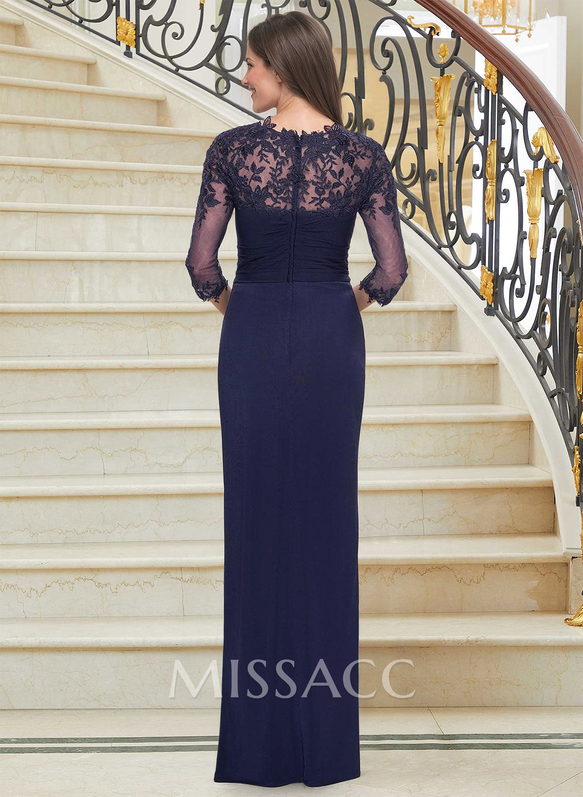 Flattering Semi Sheer LIlusion Lace Applique Sleeves Mother Of The Bride Dresses With Ruched Waist