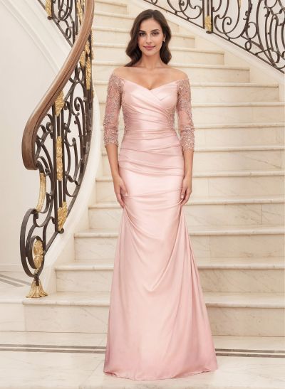 Trumpet/Mermaid Off-The-Shoulder 3/4 Sleeves Matte Satin Mother Of The Bride Dresses With Lace