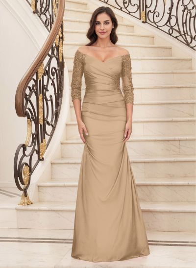 Trumpet/Mermaid Off-The-Shoulder 3/4 Sleeves Matte Satin Mother Of The Bride Dresses With Lace