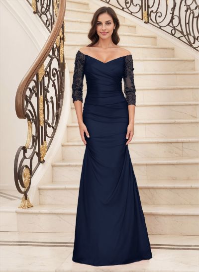 Trumpet/Mermaid Off-The-Shoulder 3/4 Sleeves Matte Satin Mother Of The Bride Dresses With Lace