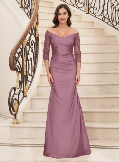 Trumpet/Mermaid Off-The-Shoulder 3/4 Sleeves Matte Satin Mother Of The Bride Dresses With Lace