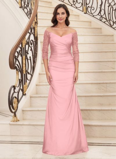 Semi Sheer LIlusion Sleeves Ruched Waist Mother Of The Bride Dresses With Off Shoulder