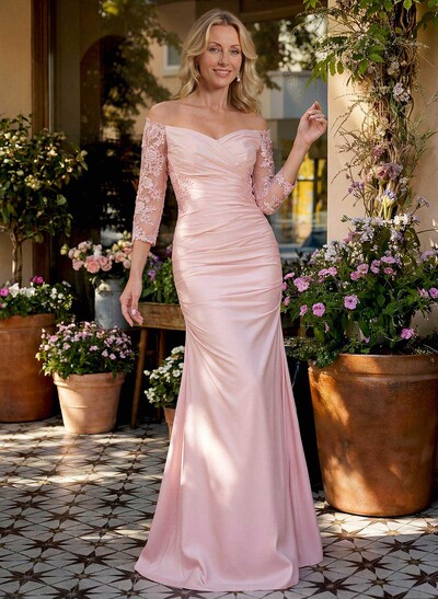 Semi Sheer LIlusion Sleeves Ruched Waist Mother Of The Bride Dresses With Off Shoulder