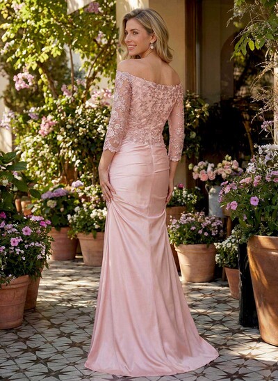 Semi Sheer LIlusion Sleeves Ruched Waist Mother Of The Bride Dresses With Off Shoulder